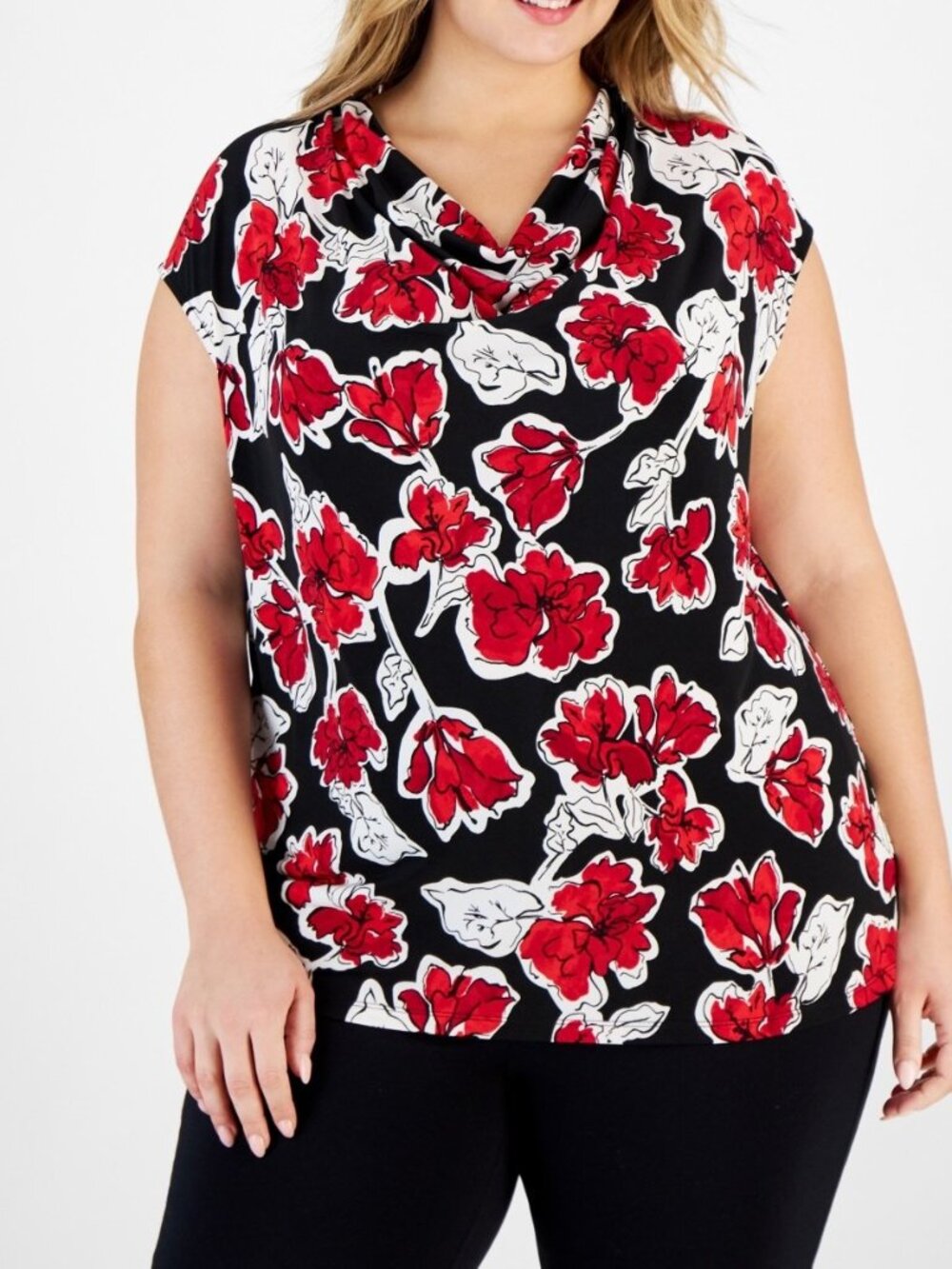 Kasper Women's Plus Size 2X Floral Drape Neck Cap Sleeve Black Red Knit Top NEW